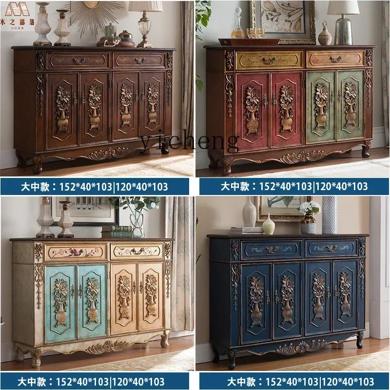 

TQH solid wood shoe cabinet retro carved painted large capacity multi-functional storage cabinet foyer entrance locker