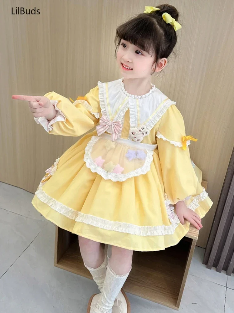 Vestidos españoles para niños, ropa de princesa Kawaii, vestido de fiesta de cumpleaños para niñas, vestido amarillo elegante de Lolita para niñas