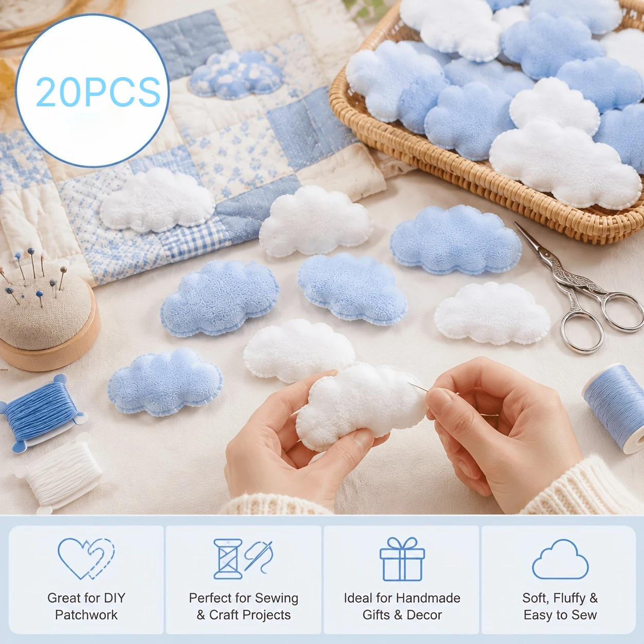 20Pcs Cloud-Shaped Sewing Craft Kit, Mixed White and Blue, Includes Fabric Clouds and Colored Threads, DIY Patchwork Materials
