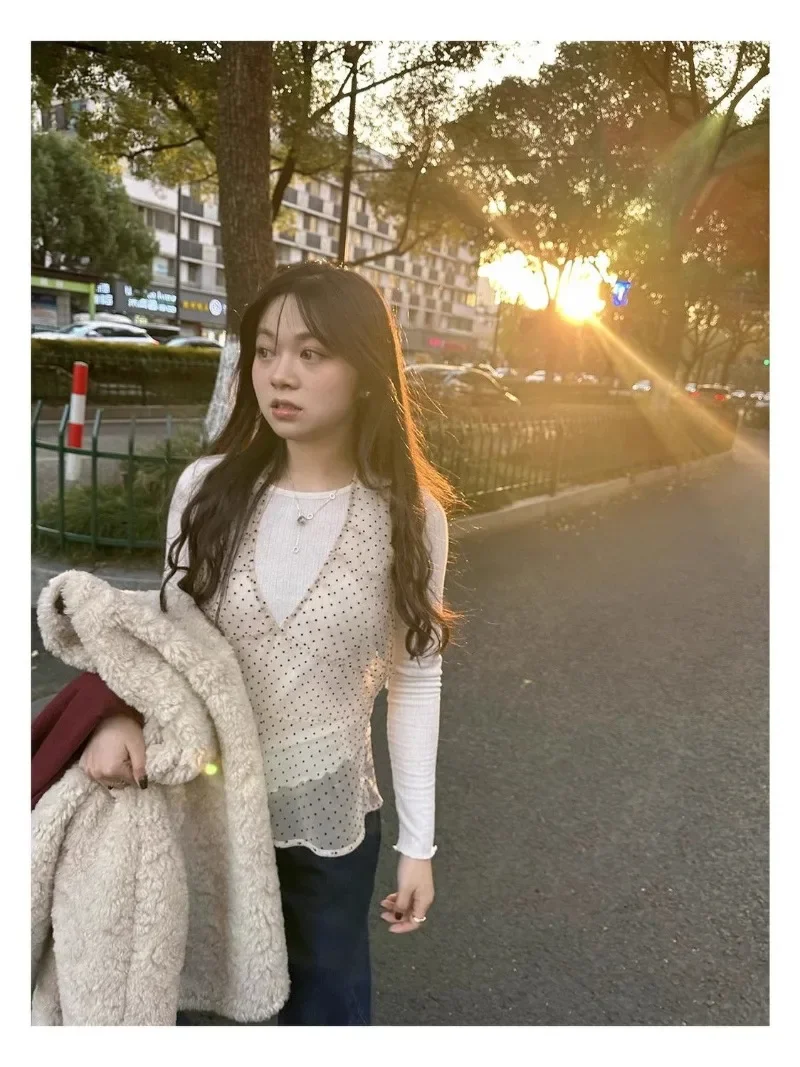Korean Fashion Retro V-neck Perspective Polka Dot Top Open Back Layup Wearing Hanging Neck Strap Tank Top for Women Clothes