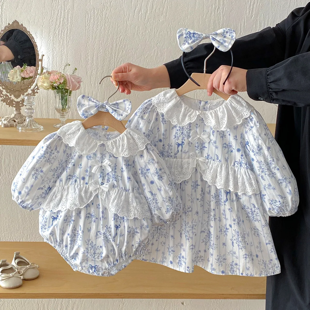 

2026 Spring Baby Girl Lace Ruffle Bodysuit & Toddler Blue Bow Dress Fashion Matching Sibling Outfits Soft Cotton Party Set