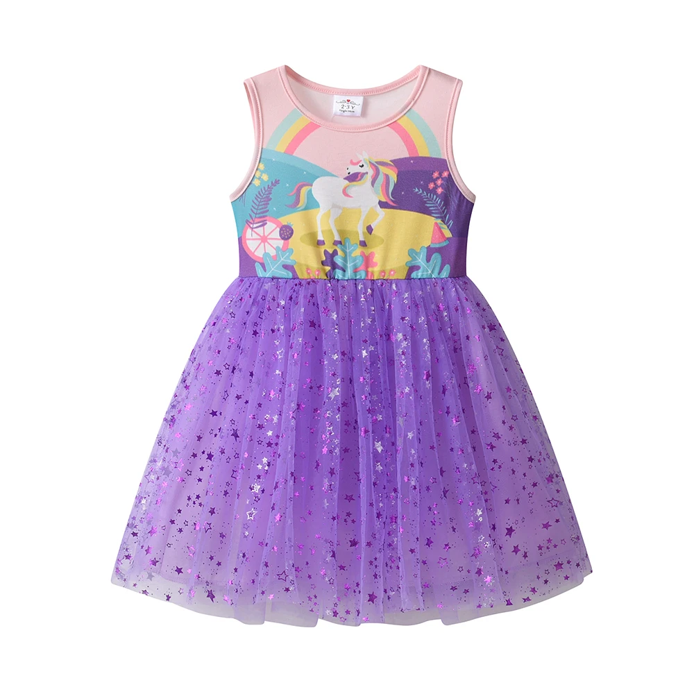 DXTON New Kids Princess Dress Sleeveless Toddler Cotton Clothing Licorne Rainbow Plants Printed Summer Holiday Children Dresses