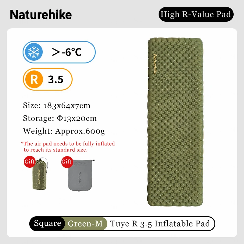 Naturehike Opblaasbare Campingmat 3.5 R-Value Ultralight Slaapmatje 20D Nylon TPU Luchtbed voor Wandelen Backpacken