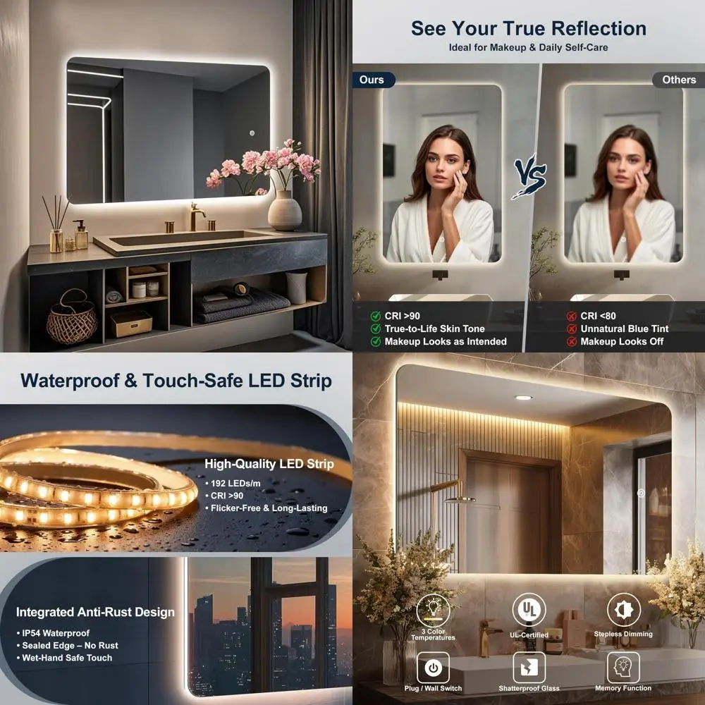 กระจกห้องน้ำ LED ไร้กรอบทรงสี่เหลี่ยมมุมโค้งมน พร้อมไฟที่ปรับความสว่างได้และป้องกันการแตก