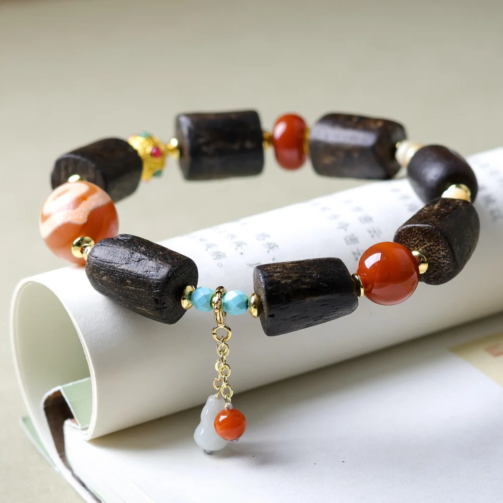 Original design bug leakage incense wood bracelet cultural toys red flesh dzi jade gourd Chinese style bracelet