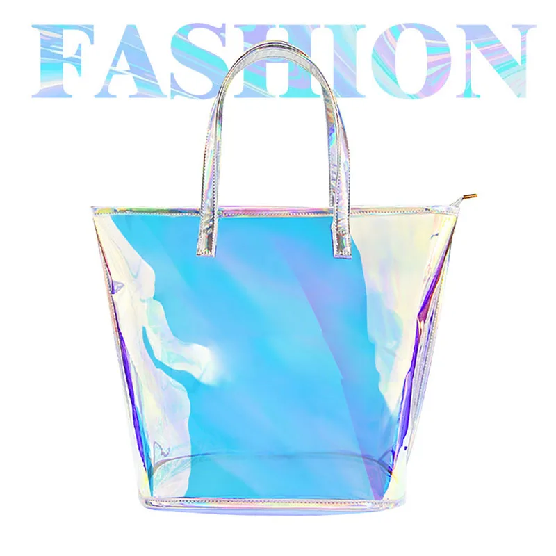 Laser Handbag for Women,Waterproof Beach Bag,Transparent TPU Large Tote Bags, Jelly Purse, Top Handle Shoulder Zipper Bags,