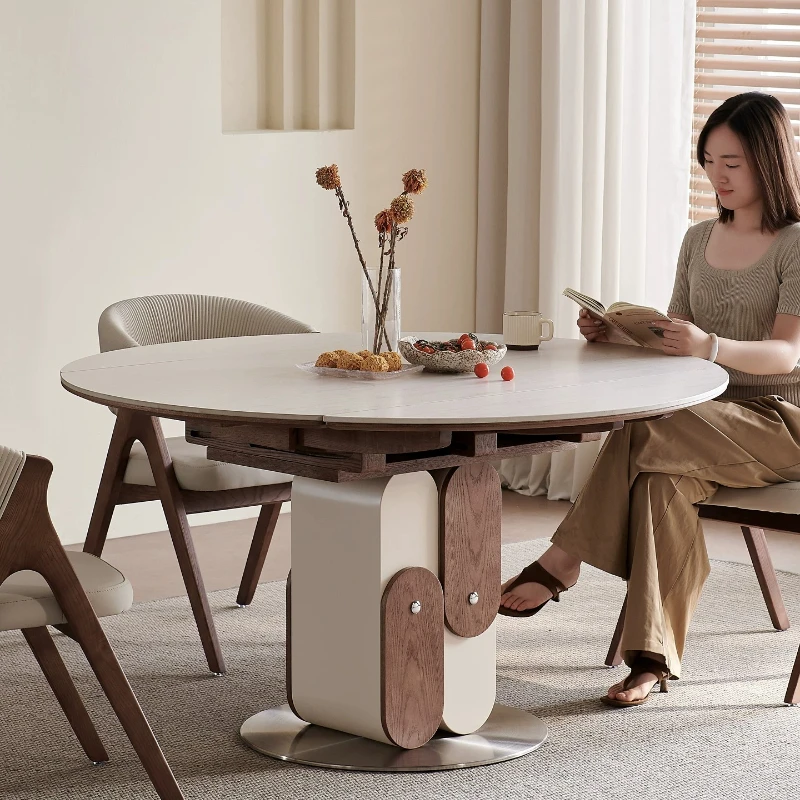Slate dining table retractable folding round high-end medieval style household small apartment restaurant dining table