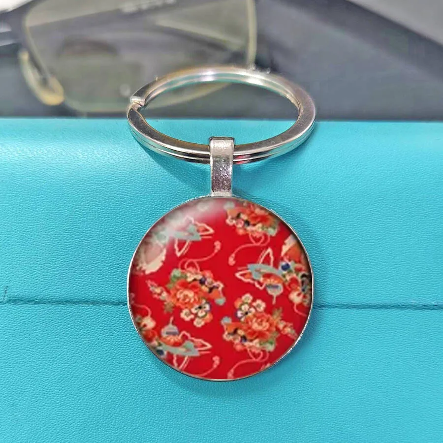 Traditional Ukiyo-e Style Floral Textile Glossy Dome Cabochon Key Holder Japanese Culture Lover Gift
