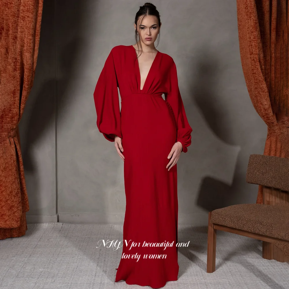

NFYN Sexy V Neck Prom Dress Long Latern Sleeve Evening Dress High Waist Red Party Dress فساتين مناسبة Customized