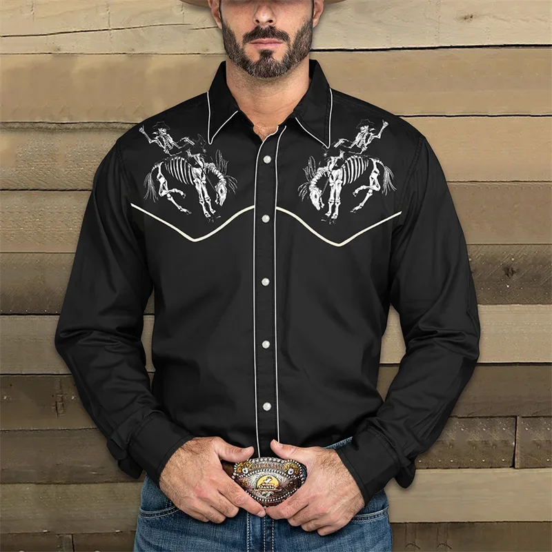 Western Denim Men\'s Shirt Casual Outdoor Party HD Pattern Button Soft Comfortable Lapel Shirt Long Sleeve T-Shirt 2024 Plus Size