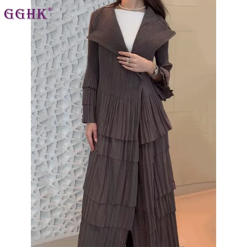 

GGHK Miyake Pleated Solid Color Plus Size Women Trench Coat Fashion Splicing Ruffle Design Autumn Luxury Female Coat Long Robe