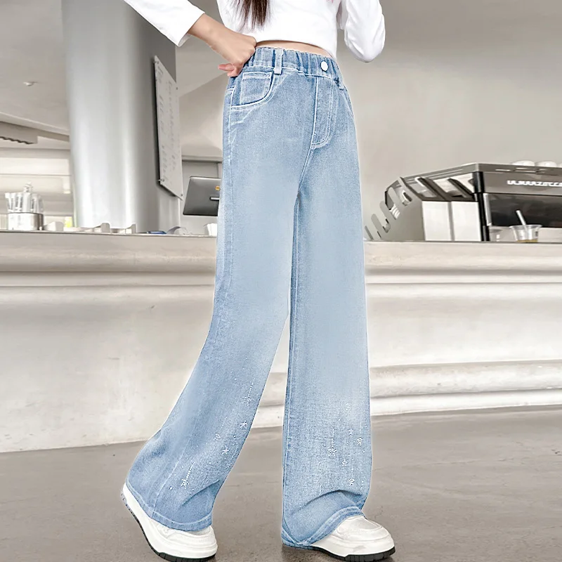 

Children Vintage Relaxed Fit jeans Pants with Rhinestones for Teens Girl Fashion Casual Loose Straight Denim Trousers 5 To 14 Y