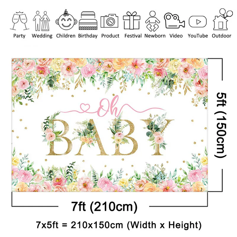 Mocsicka Floral Oh bebé telón de fondo flores rosas decoraciones para fiesta de Baby Shower niñas fondo para Baby Shower sesión de fotos accesorios de pancarta