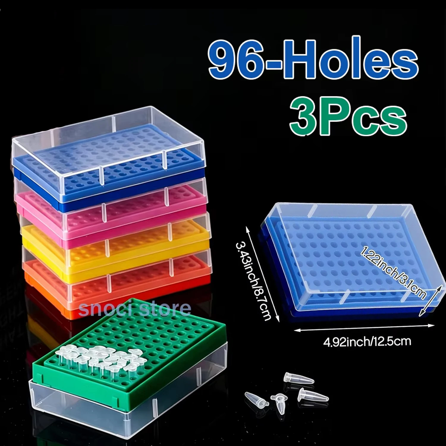 Tube Rack For 0.2ml Micro-Tubes 96 Holes 8 X12 Array PCR Tube Racks With Transparent Lid For Lab，Multiple Colors，3Pcs/Pk