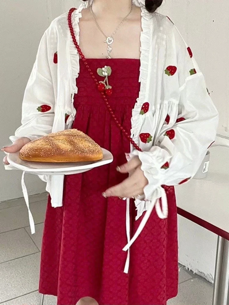 

Summer Kawaii Strawberry Embroidery Cardigan Kimono Blouse Women Sunscreen Shirt Bandage Ruffle Blusas Loose Tops 2026