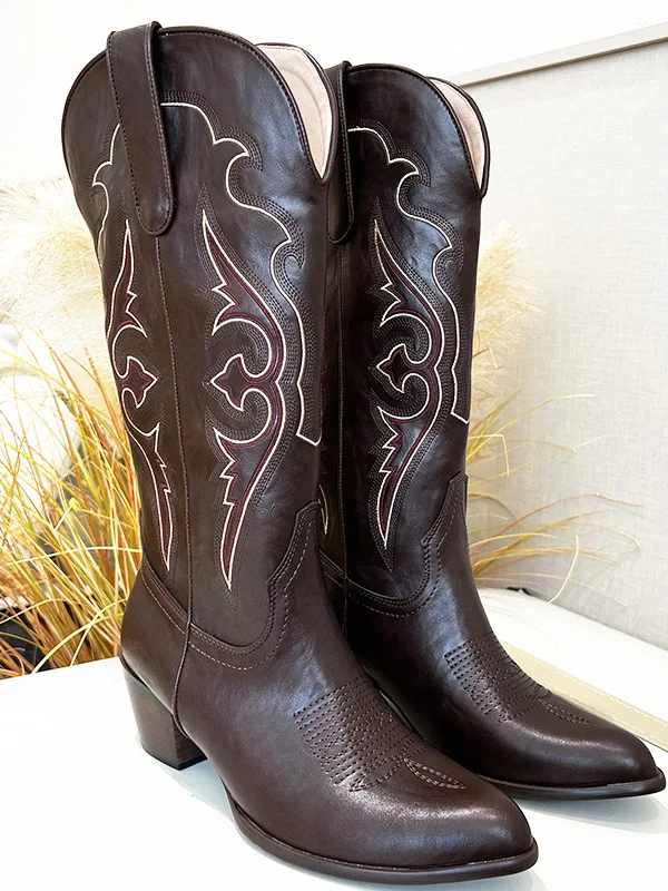  Embroidered Western Boots Genuine Leather Long Calf Women's Shoes Spring Summer Fashion High Heel Knight Boots
