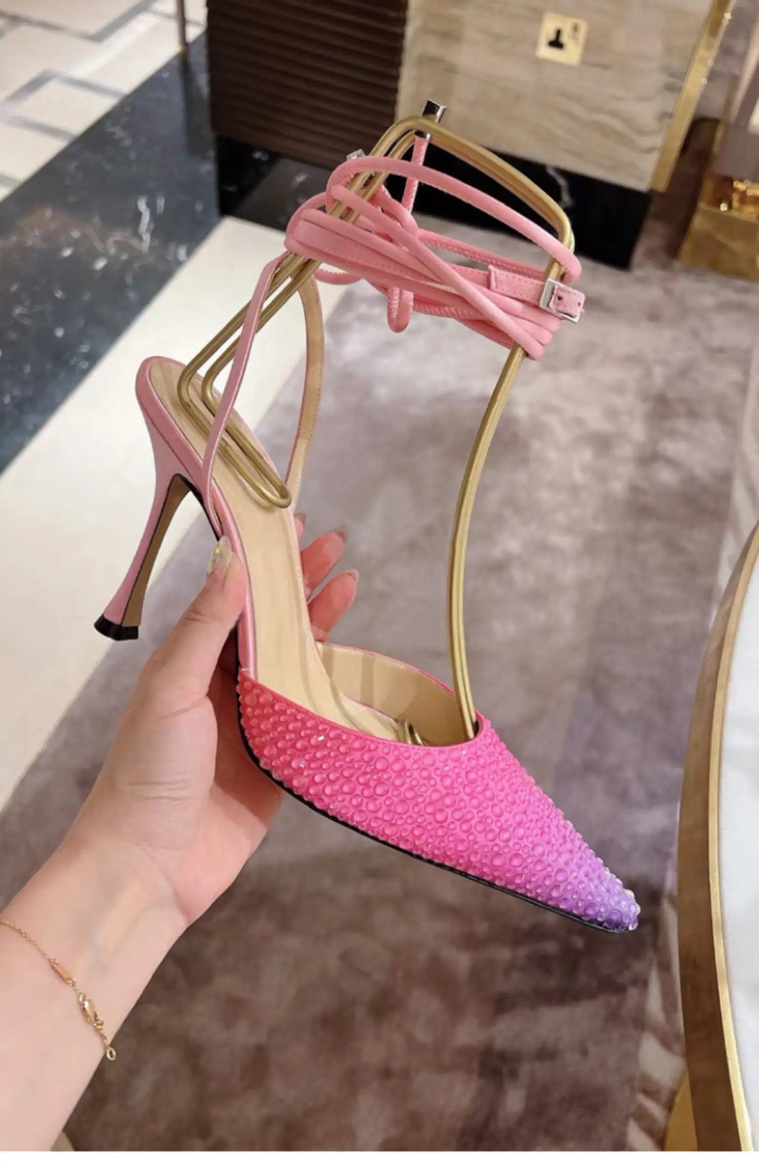 

Summer Water Drop Gradient Rhinestone Pointed Toe Pumps French Sexy High Heel Wedding Shoes Ankle Strap Sandals Chaussures Femme