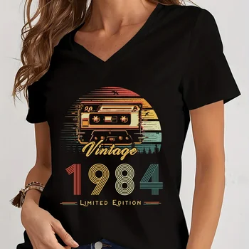 여성용 빈티지 1984 한정판 셔츠, 그래픽 프린트 티셔츠, 반팔 V넥 상의 티, 재미있는 라디오 년 Best5 여성용 빈티지 1984 한정판 셔츠, 그래픽 프린트 티셔츠, 반팔 V넥 상의 티, 재미있는 라디오 년 Best5