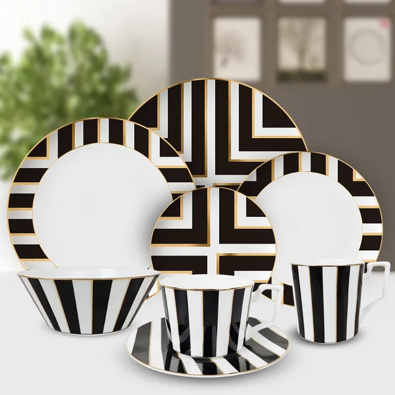 Christmas Gifts Bone China Plate Round Plate Platos Tray Dinner Set Stripe Pattern Restaurant Grid Plate Gold Food Dish