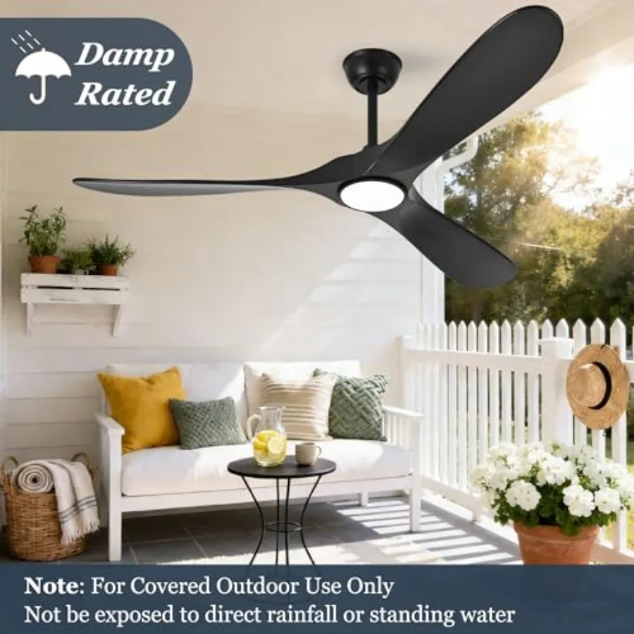 Outdoor wet-rated 72-inch black ceiling fan with light and remote, 3-blade propeller design, high CFM, for patios, bedrooms, li