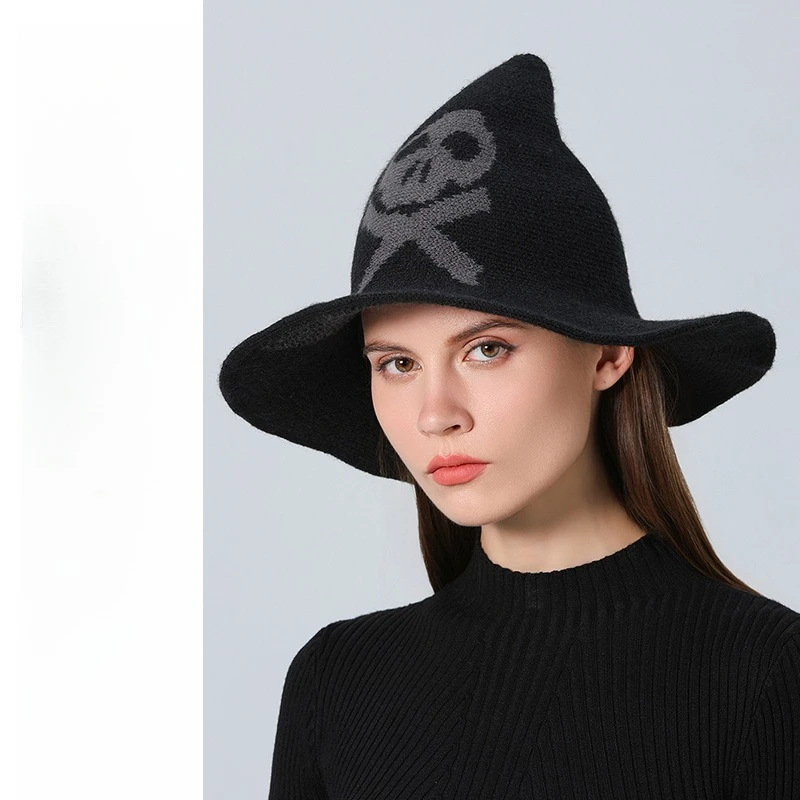 

Cross-border new Halloween hat skull witch hat women European and American party hat wool knitted face covering wizard hat