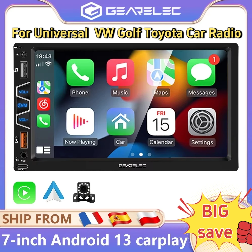 راديو السيارة العالمي CarPlay Android Auto 7 بوصة Android 13 لاسلكي مع بلوتوث واي فاي FM GPS والملاحة مشغل الوسائط المتعددة