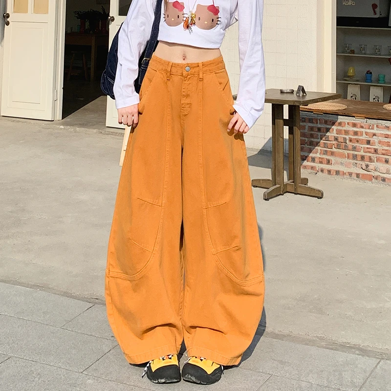 KSTUN 2026 Women's Baggy Jeans Orange Sickle Pants for Women Curved-Hem Wide-Leg Trousers Patchwork Girl American Vintage Jeans