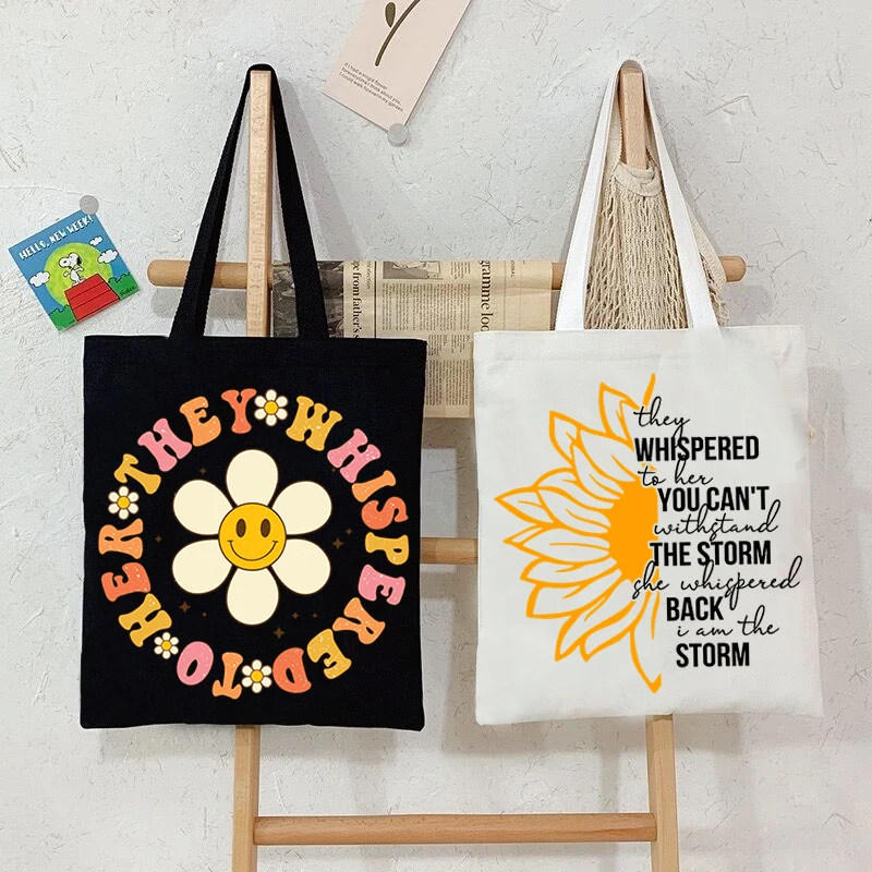 

They Whispered To Her Print Lady Shoulder Bags Vintage Sunflower Shopping Bag Cartoon Style Tote Bag Kawaii Flower Women Handbag