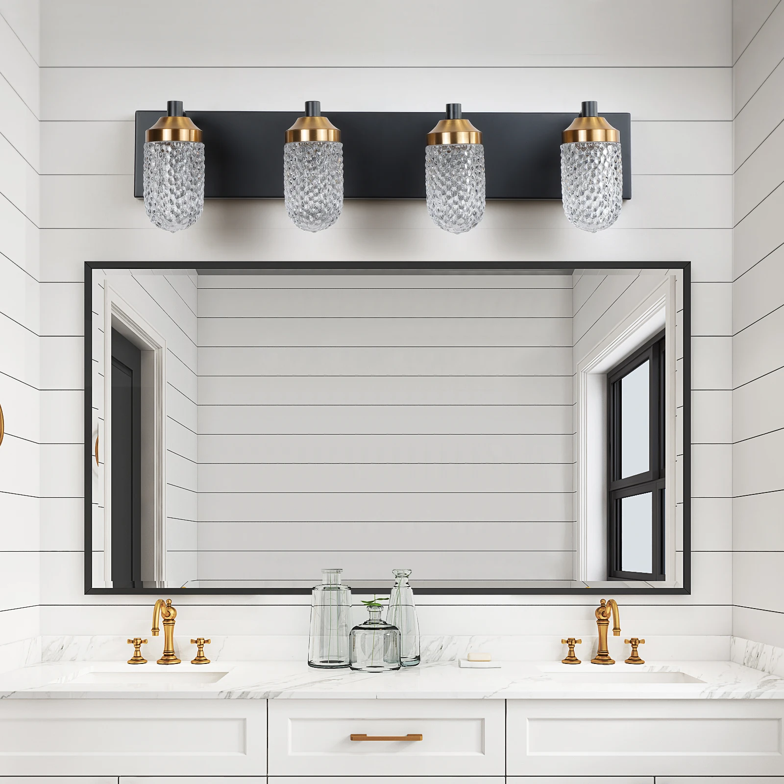 

Minimally retro bathroom vanity table lamp, LED 4-bell glass lampshade, wall mounted decorative light fixture (black)
