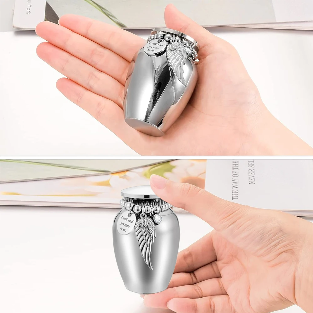 Small Keepsake Urns for Memorial Human Ashes 2.56 Inch with Wing Charm Mini Cremation Urns Aluminium alloy-I still need you...