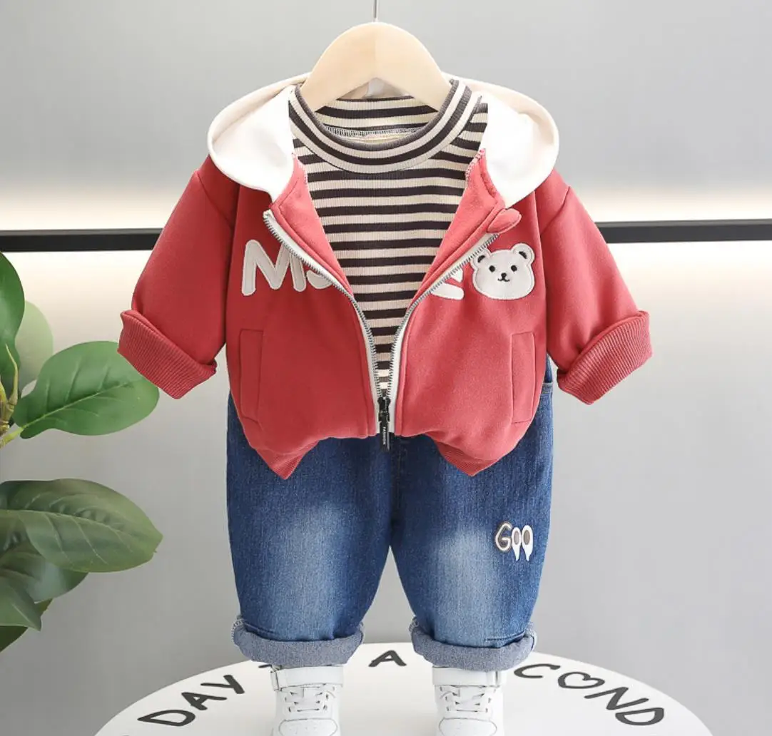 Conjuntos de 3 piezas para niños pequeños, ropa de otoño, chaquetas con capucha de oso de dibujos animados, camisetas a rayas, Pantalones