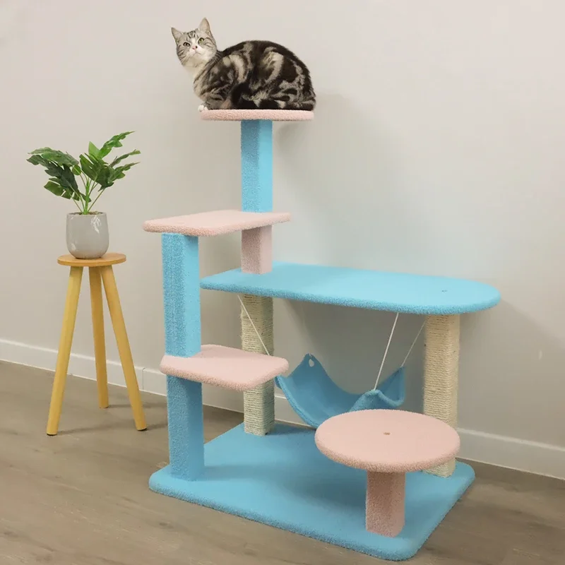 Luxury wooden cat tower skin friendly teddy velvet  sisal rope corrugated cat scratcher tree climbing frame