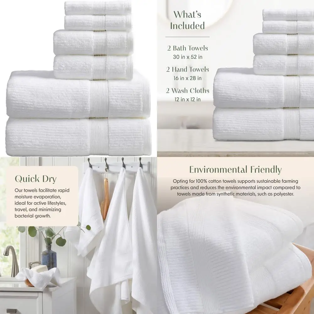 

Набор из 6 полотенец для ванной с ребристой текстурой | 100% впитывающий хлопок из гребенного волокна | Быстросохнущие белые полотенца, сертифицированные Oeko-TEX