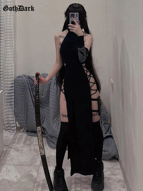 Goth Dark vestido Midi ajustado para mujer traje Sexy de vendaje con abertura alta estilo Grunge color negro estilo gotico centro comercial Y2K AliExpress