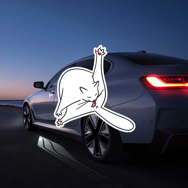 1pc Adorable White Stretching Cat Vinyl Sticker Waterproof Cartoon Pet Decal for Car Motorcycle Helmet Laptop