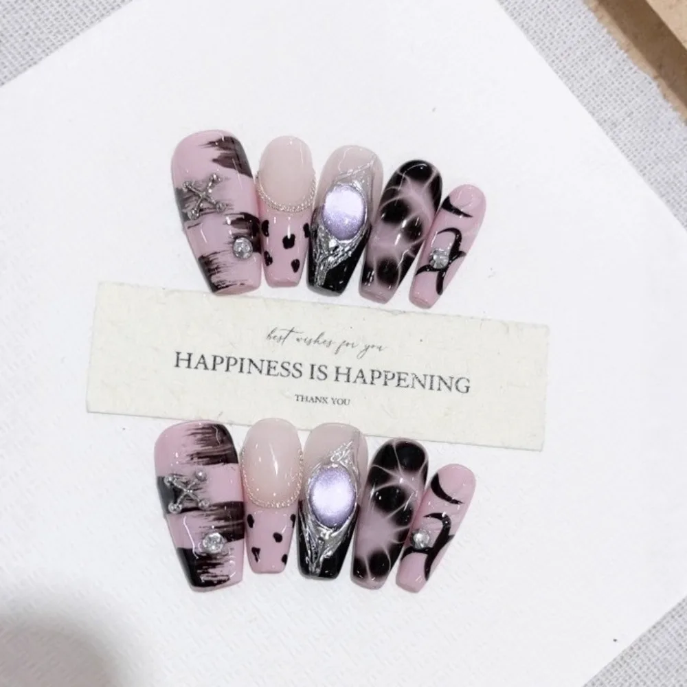 

10 Pieces Sweet and Spicy Handmade Press On Nails Moonstone Beast Print Chain French Fake Nails Removable and Reusable