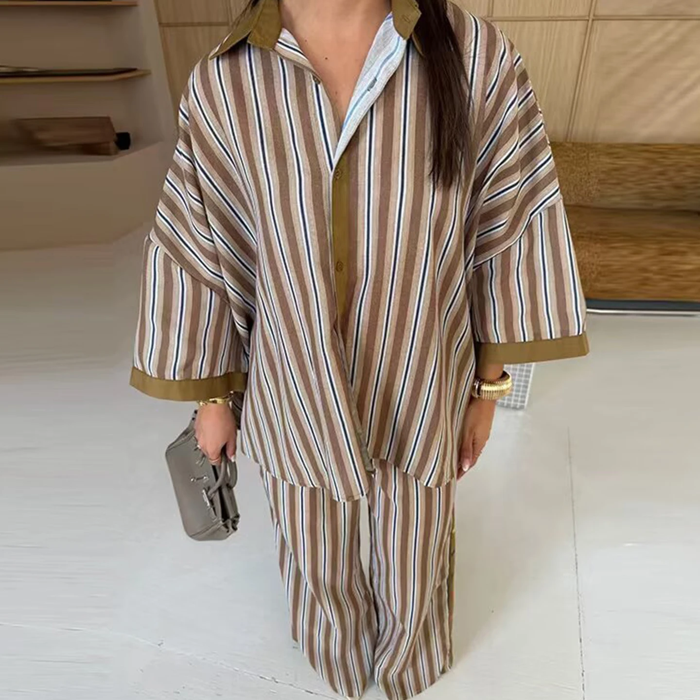 Fashionable Striped Open Cardigan Top Loose Printed Turn-down Collar Women's Autumn Set with Loose Pants Versatile Personality