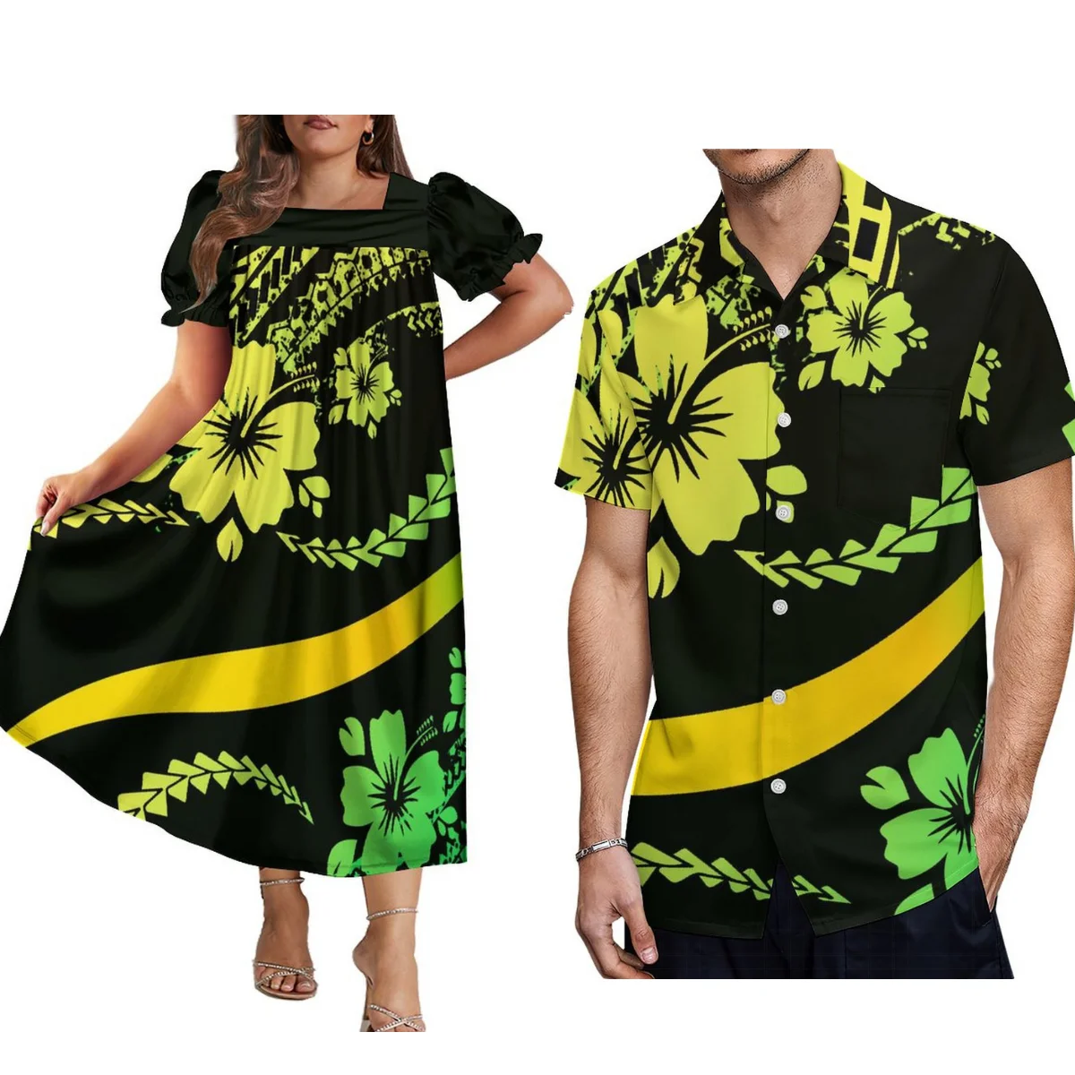 Polynesian Island With Couple Suit Samoa-Fiji Elegant Women'S Short Sleeve Mumu Dress With Men'S Shirt New Design Long Dress