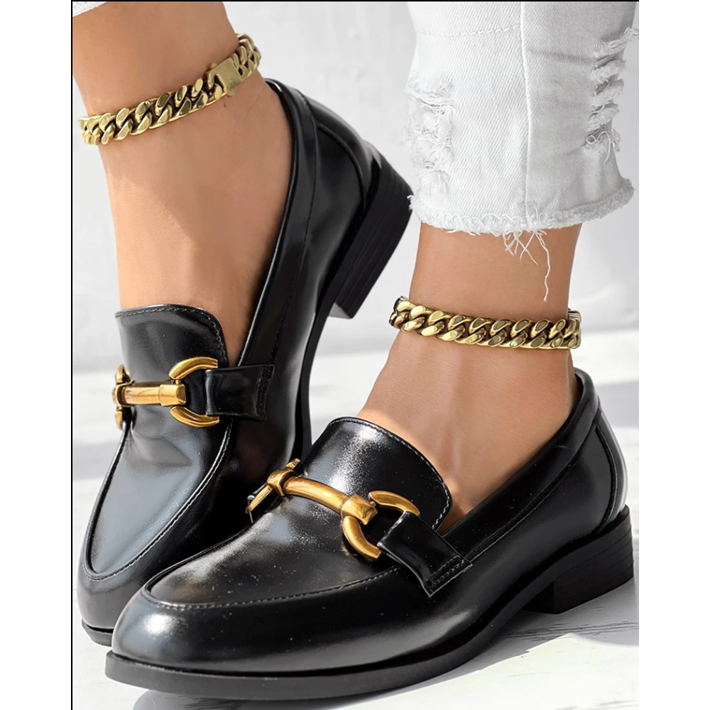 

Metal Decor Pointed Toe Casual Slip-On Pu Flat Loafers for Women Autumn Black Shoes Casual Work Wear