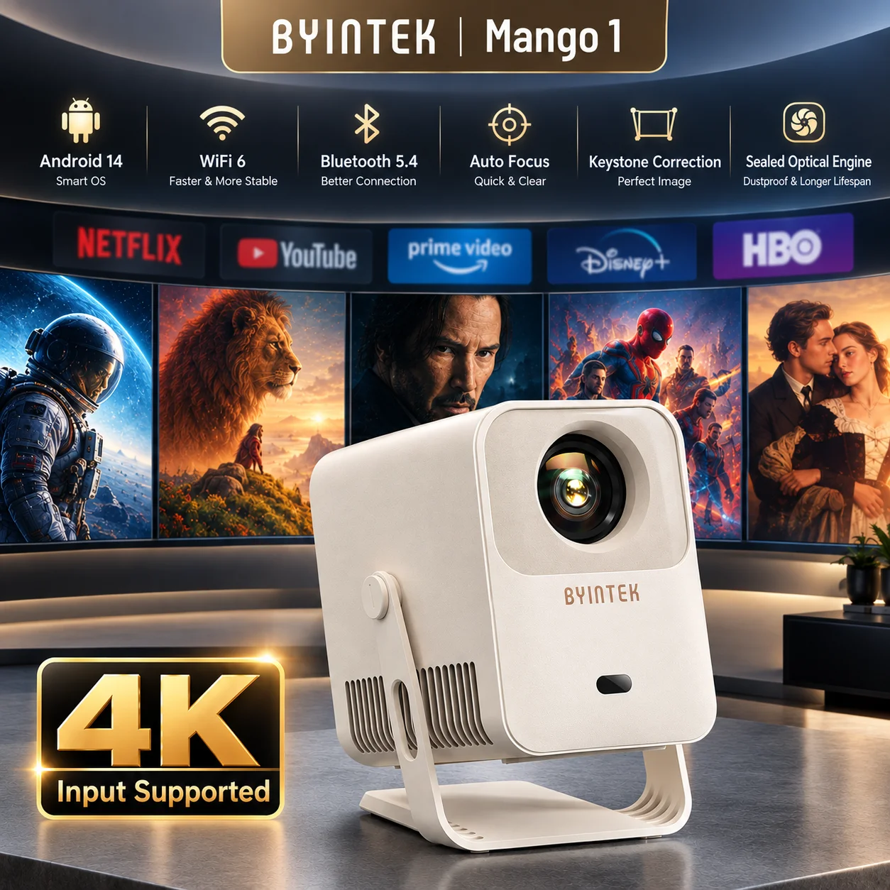 BYINTEK Portable Mini Projector 4K Auto Focus 180° Rotatable Android 14 WiFi 6 Bluetooth 5.4 Home Theater Smart Projector