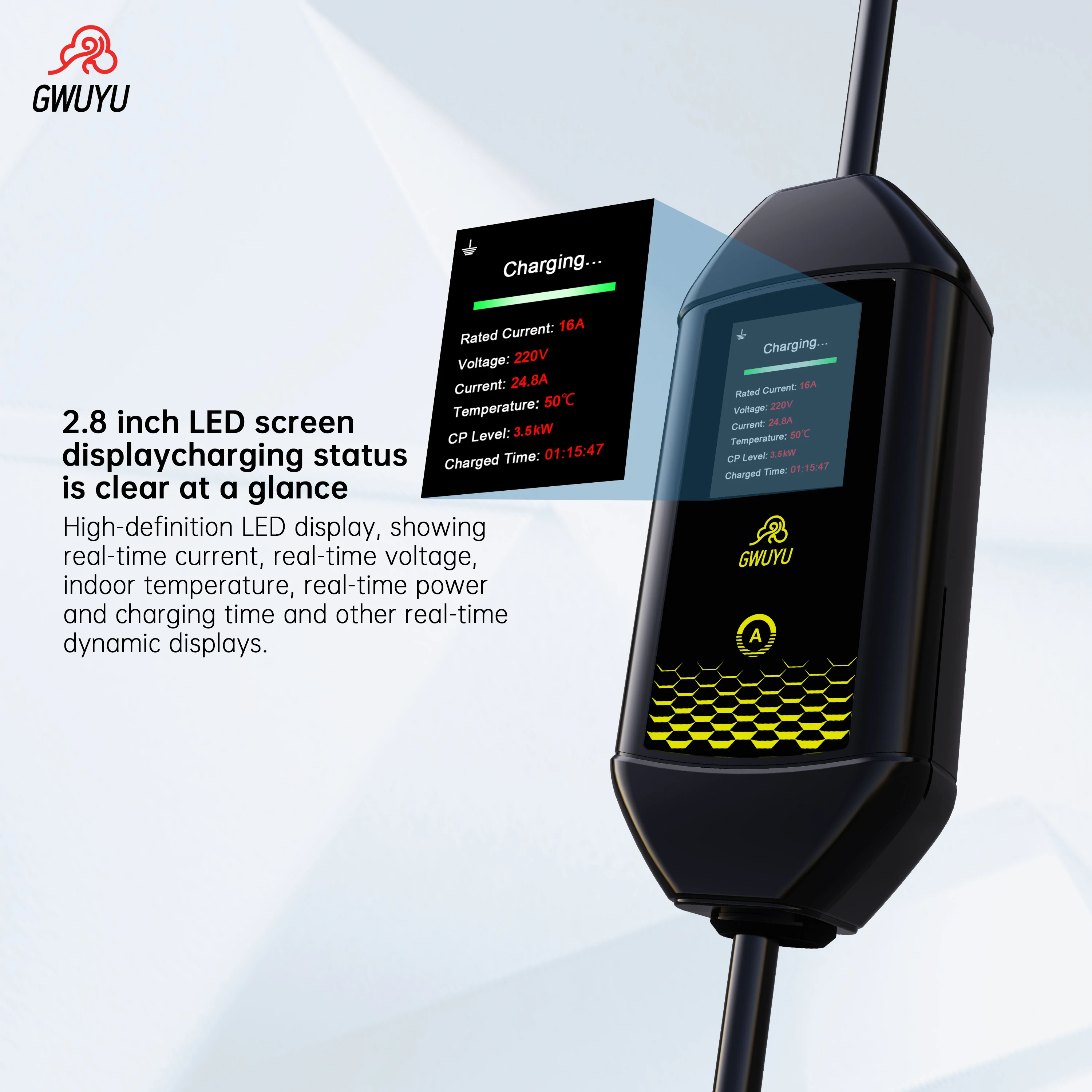 GWUYU EV Charger 16A 3.5kw EVSE Portable Electric Vehicle Car Charging Station 220V with Type 2 Socket 3.5M Cable Light/LED