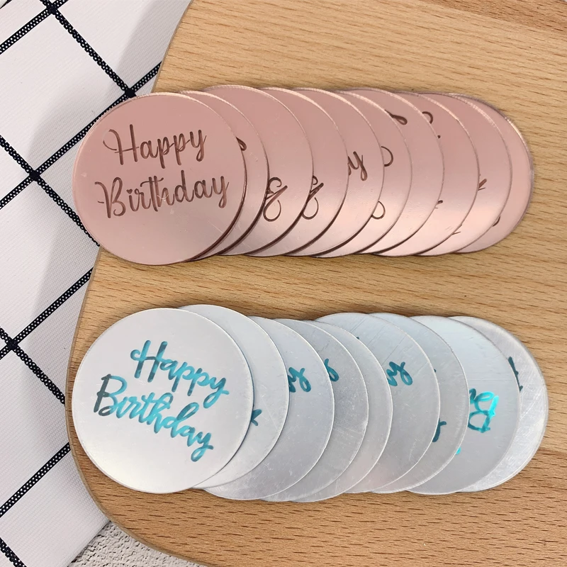 Neue 10 stücke Acryl Rose Gold Silber Glücklich Geburtstag Kuchen Topper Kreis Cupcake Topper Kuchen Dekoration für Geburtstag Party Dessert