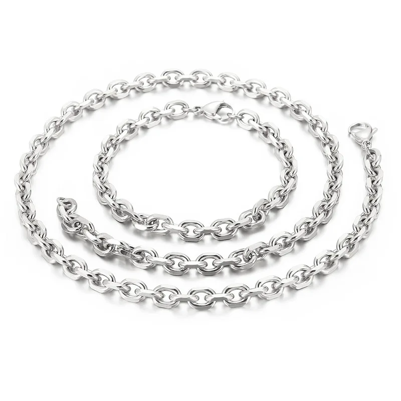 Hip Hop Stainless Steel Bracelet Necklace Set Men Women Cable Link Chain Vintage Aestethic Kpop Jewelry Accessories Width 5mm