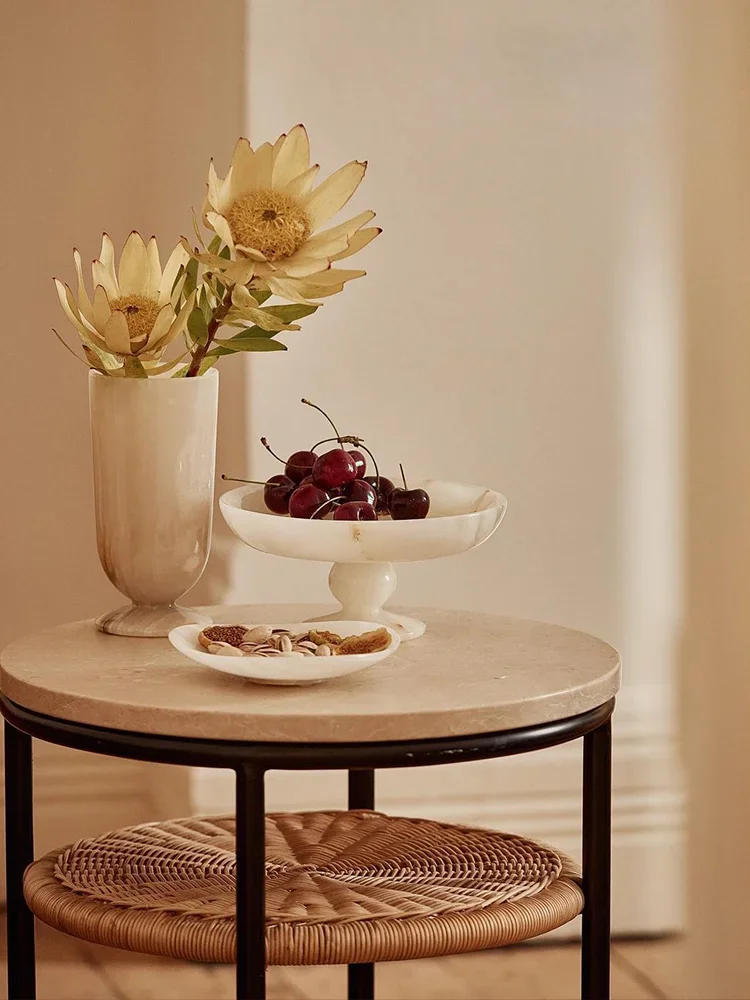 White Onyx Natural Marble Serving Tray for Dessert and Bread Luxury Fruit Bowl for Kitchen Counter or Dining Room Table