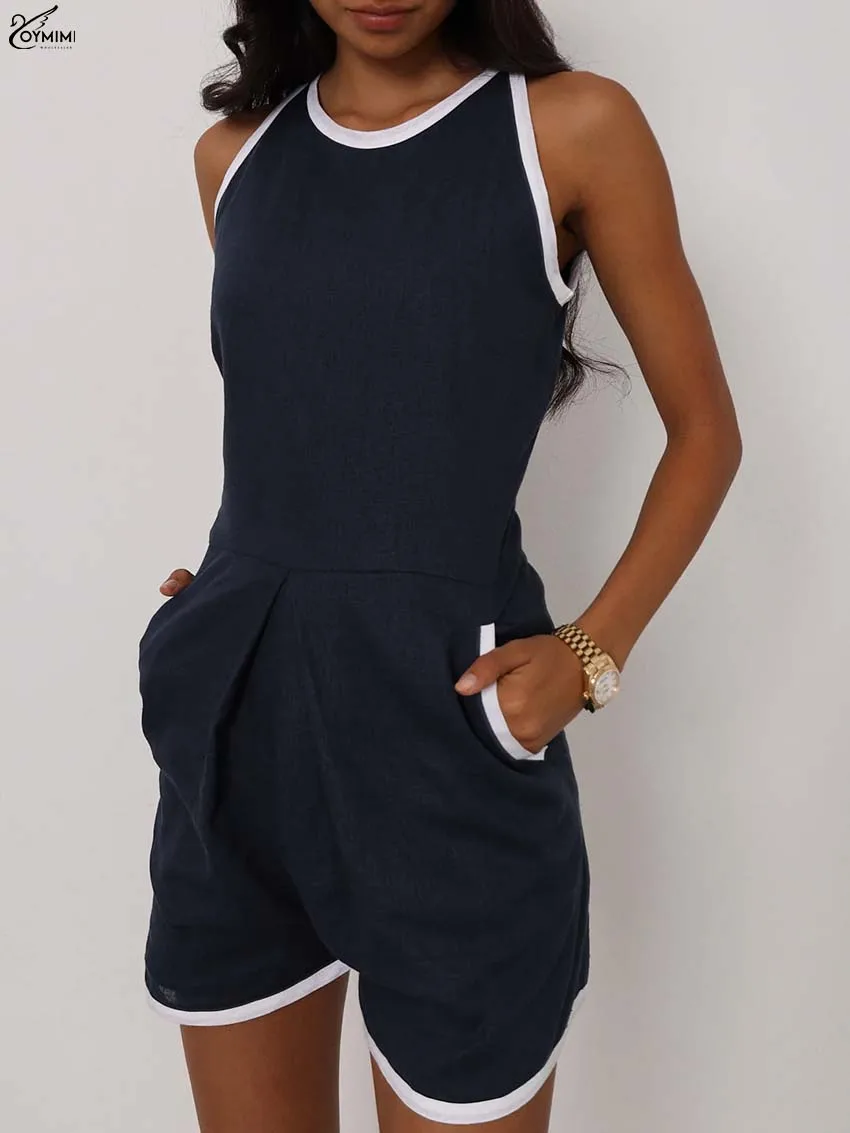 Oymimi Fashion Navy Blue Cotton Woman Jumpsuit Casual O-Neck Patchwork Sleeveless Jumpsuit Summer High Waisted Pocket Jumpsuit