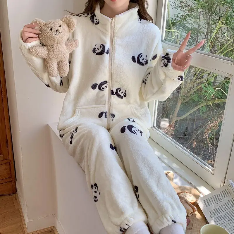 2024 New Pajamas Women Autumn Winter Flannel Plus Velvet Thickened Sweet Homewear Suit Female Loose Lapel Cartoon Sleepwear Set