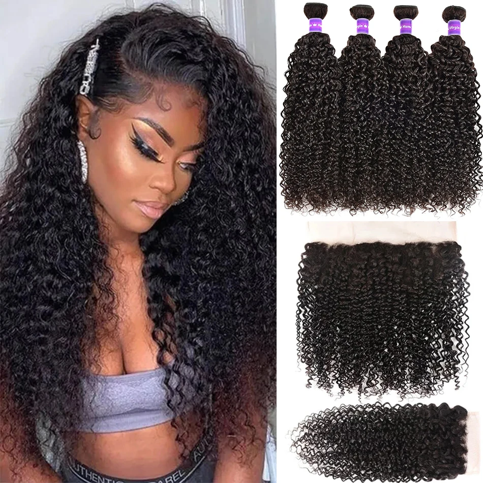 

Kinky Curly 3/4 Bundles With HD 13x4 Frontal Peruvian Remy Human Hair Bundles With Closure Transparent Lace Frontal With Bundles