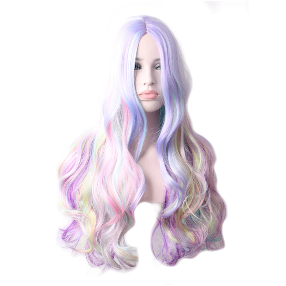 WoodFestival Synthetic Hair Colored Wigs Women Halloween Cosplay Wig Wavy Long Black Pink Red Purple Blue Green Brown Rainbow