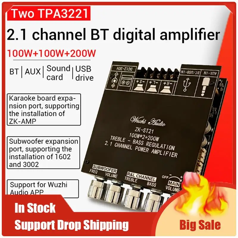 Top Deals ZK-ST21 Bluetooth Power Amplifier Board 2.1 Channel 2X100w+200W Subwoofer TPA3221 Digital Amplifier Module With Case R