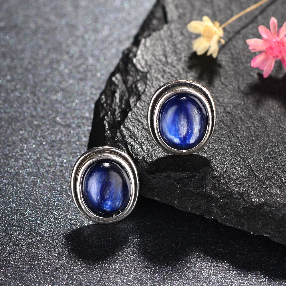 Vintage Natural 8x10MM Kyanite Stud Earring for Women Anniversary Engagement Party Gift 925 Sterling Silver Jewelry